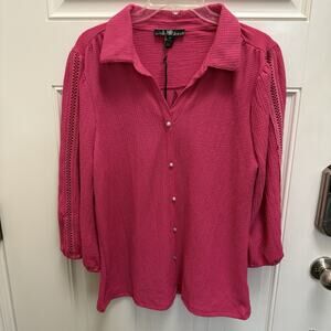 NWT 80 Park Women’s Tight Knit V-Neck Collared Blouse 3/4 Sleeve Fuchsia Size XL
